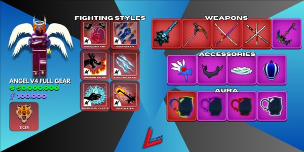 Angel V4 Tier 10 (Full Gear) | Sanguine Art | Tiger | Lv. MAX | 3 Mythical Sword | Shark Anchor | Skull Guitar | 50M+ Beli | 100K+ Fragments