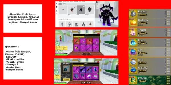 Akun Blox Fruit 9perm (Dragon, Kitsune, Yeti,DLL) Gamepass All - notif, Ava bejibun + Banyak bonus