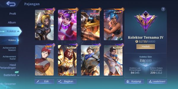 KOF GUINEVERE KARINA TRANSFORMER ROGER SEIYA BADANG VALENTINE FANNY LIGHTBORN GRANGER ALUCARD TIGREAL MEOWKIN LESLEY SILVANNA DLL EPIC SKIN AKUN