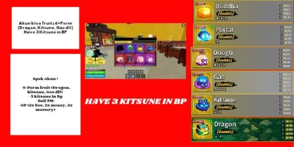 Akun Blox Fruit 6Perm Gacor (Dragon,Kitsune,Gas Dll) GP Lumayan
