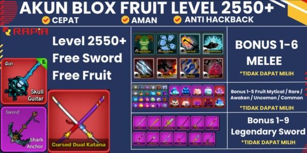 Blox Fruits Account Cursed Dual Katana (CDK) - Skull Guitar (SG) - Shark Anchor (SA) - Godhuman (GHM) MAX Level
