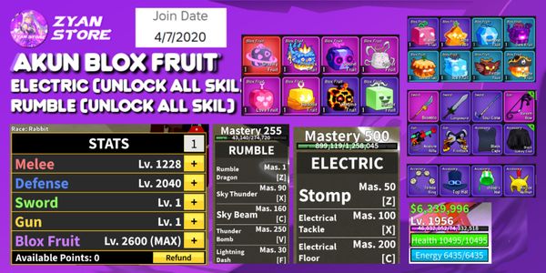 Blox Fruit Account [Level (????), Electric (Unlock All Skills), Rumble (Unlock All Skills), 18+ Fruit, 12 Items, Full Specifications in Description.