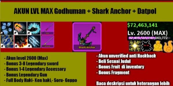 100% hiu jangkar - akun blox fruit LEVEL MAKSIMAL