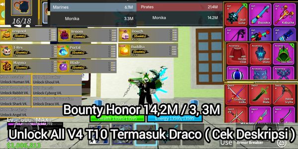 Akun Blox Fruit Lengkap, V4 Unlock Semua Termasuk Draco T10, Perm Fruit 8, Dll. (Cek Deskripsi)