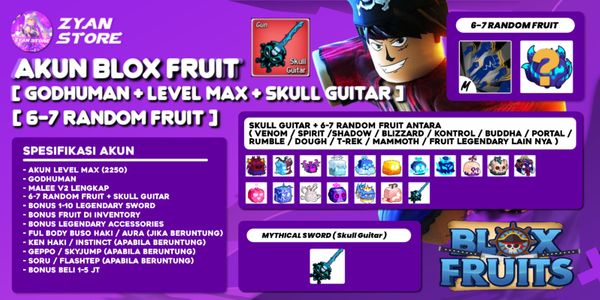 Akun Blox Fruit [GODHUMAN + RANDOM 6-7 FRUIT + SKULL GUITAR Di Inventory] [Level MAX]