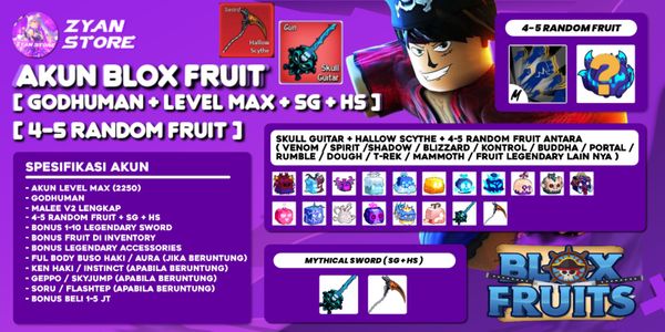 Akun Blox Fruit [GODHUMAN + RANDOM 4-5 FRUIT + SKULL GUITAR + HALLOW SCYTHE Di Inventory] [Level MAX] - Akun
