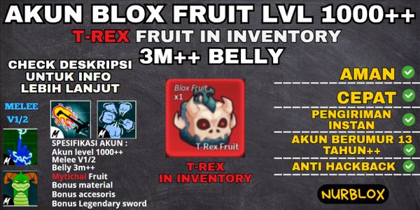 Akun Blox Fruit Level 1000++ {3M++BELLY} FRUIT T-REX BELUM DIMAKAN