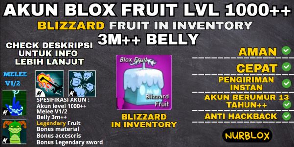 Akun Blox Fruit Level 1000++ {3M++BELLY} FRUIT BLIZZARD BELUM DIMAKAN