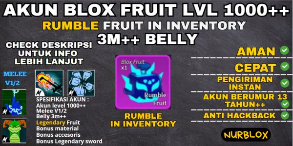 Akun Blox Fruit Level 1000++ {3M++BELLY} FRUIT RUMBLE BELUM DIMAKAN
