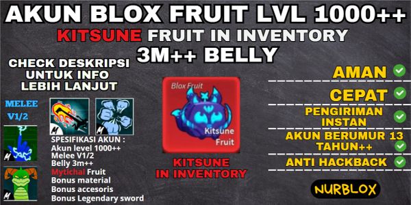 Akun Blox Fruit Level 1000++ {3M++BELLY} FRUIT KITSUNE BELUM DIMAKAN