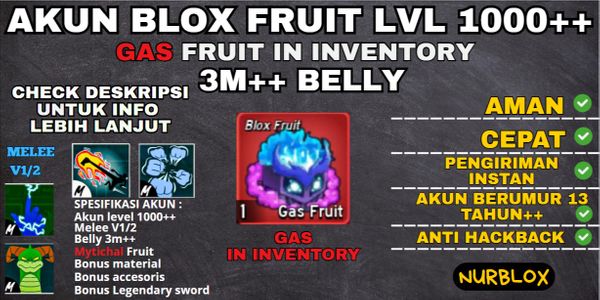 Akun Blox Fruit Level 1000++ {3M++BELLY} FRUIT GAS BELUM DIMAKAN