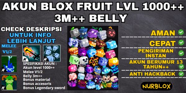 Akun Blox Fruit Level 1000++ {3M++ BELLY}