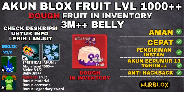 Akun Blox Fruit Level 1000++ {3M++BELLY} FRUIT DOUGH BELUM DIMAKAN