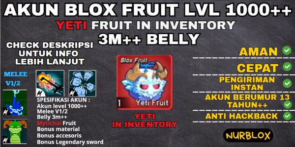 Akun Blox Fruit Level 1000++ {3M++BELLY} FRUIT YETI BELUM DIMAKAN