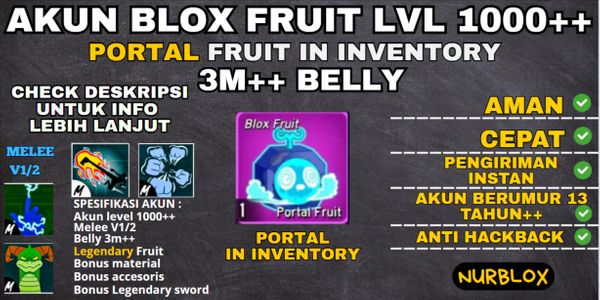 Akun Blox Fruit Level 1000++ {3M++BELLY} FRUIT PORTAL BELUM DIMAKAN