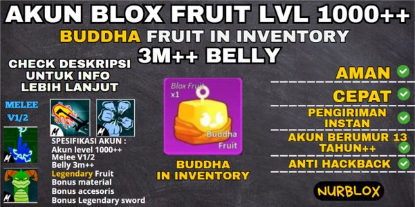 Akun Blox Fruit Level 1000++ {3M++BELLY} FRUIT BUDDHA BELUM DIMAKAN