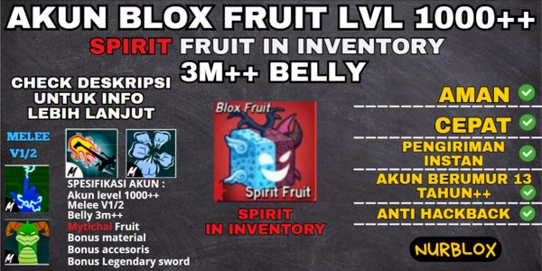 Akun Blox Fruit Level 1000++ {3M++BELLY} FRUIT SPIRIT BELUM DIMAKAN