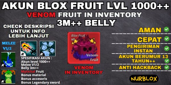 Akun Blox Fruit Level 1000++ {3M++BELLY} FRUIT VENOM BELUM DIMAKAN