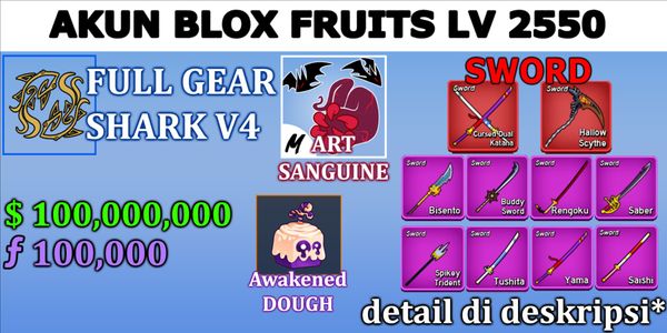 Akun LEVEL MAX - Sanguine ART + Full Gear Awakened Race ANGEL V4 + Godhuman + Skull Guitar + Dough Full Awakened + 2 Mythical Sword
