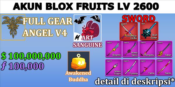 Akun LEVEL MAX - Sanguine ART + Full Gear Awakened Race ANGEL V4 + Godhuman + Skull Guitar + Awakening Fruit + Mythical Sword