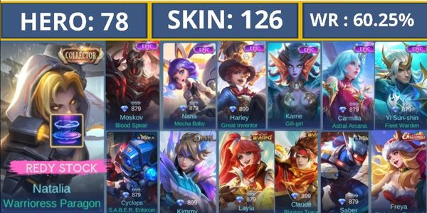 RECALL PERMANENT EMOTE, WR GG BGT, MANY EPIC SKINS FOR KARRIE, KAGURA, YSS, MOSKOV, NANA, HARLEY, CARMILLA, RAFAELA, ETC., COLLECTOR NATA