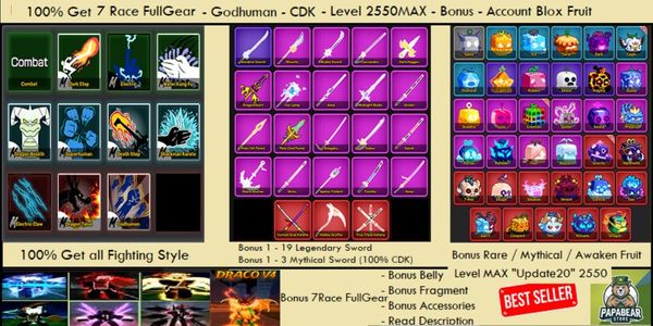 100% Get 7 Race Full Gear - Godhuman - CDK - SG - Bonus - Account Blox Fruit