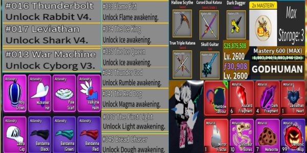 Blox Fruits Account Race V4 Shark + Rabbit | Storage 3 | Gamepass 1 | Cdk + TTK + Skull Guitar + Hallow Scythe | Level 2600 | Pvp Ready for Battle