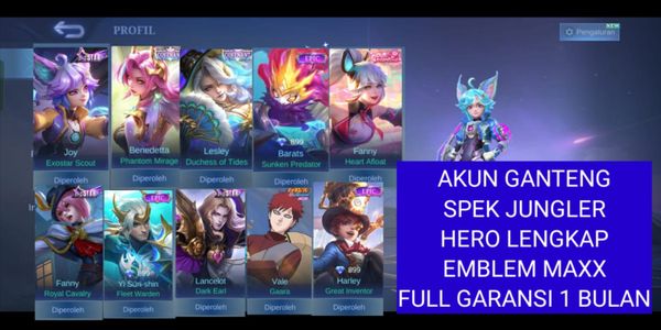 HANDSOME ACCOUNT JUNGLE SPEC 103 SKINS 69 HEROES MAX EMBLEM READY FOR RANK GUARANTEE FULL 1 MONTH