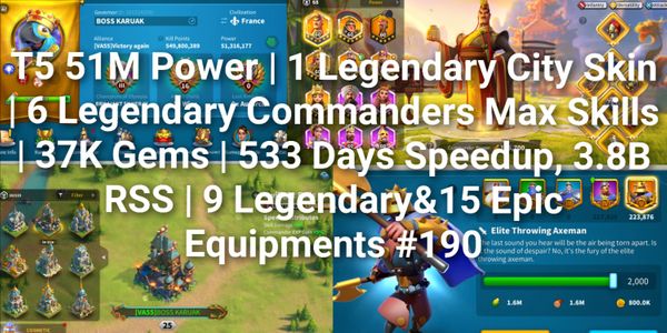 T5 50M+ Power | Legendary City Skin | Rise of Kingdoms Account iOS/Android/PC