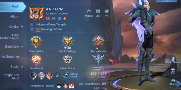 DISCOUNT EDITION Mobile Legends Account Hero102 Skin136 1CC 19Epic Very Good Safe Warranty Nickname Anton