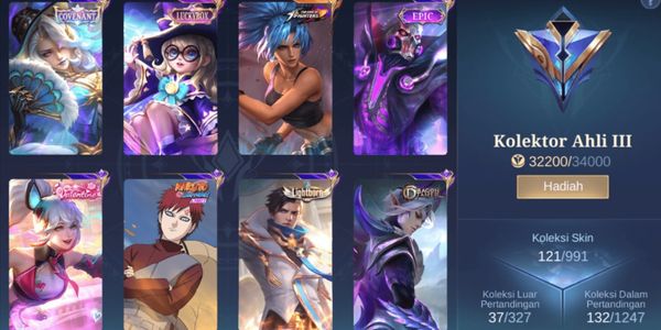 ACCOUNT CONVENANT LESLEY, HERO 70+, EMBLEM MAX 4, LUCKYBOX CHANG'E, 17 EPIC SKIN, VALENTINE FANNY, LIGHTBORN GRANGER, ETC