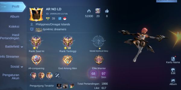 DISCOUNT EDITION Mobile Legends Account Hero68 Skin97 1CC 21Epic Very Good Safe Warranty Nickname Arnold