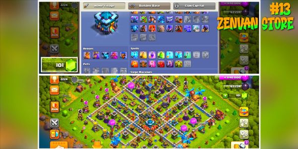 #13 Clash of Clans تاون هول 12 | مستوى 222 | الملك 65 الملكة 65 الحارس 40 + الحيوانات الأليفة مفتوحة | معدات الأبطال مستوى 5–9 | تعويذات وآلات حصار ماكس | قاعدة البنّاء قوية