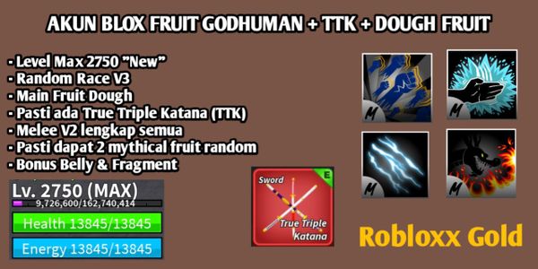 Akun Blox Fruit Godhuman+TTK+Dough Fruit+2 Mythical Fruit Level MAX