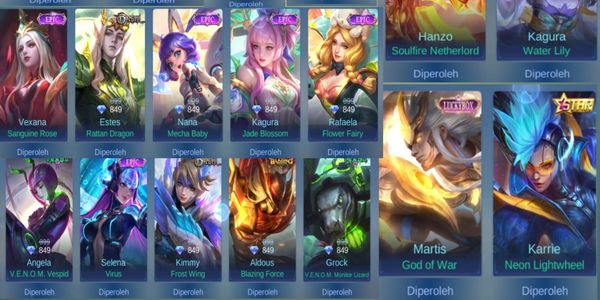 ML account GG NOHB SOYOU SASUKE, HAYABUSA 11.11, COLLECTOR HANZO, EPIC LIMITED MARTIS, VEXANA, SELENA, 2 ANNUAL STARLIGHT