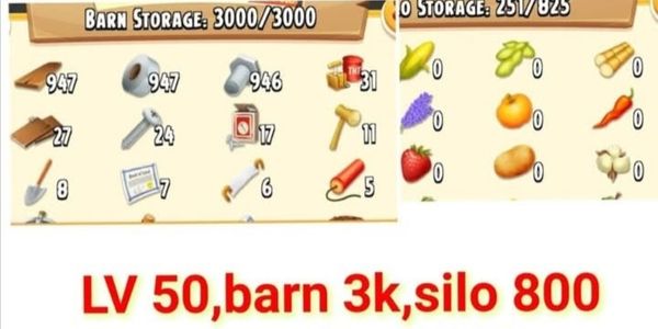 Account LV 50 Barn 3000 Silo 800 (Bonus Barn Tools/Land Tools)