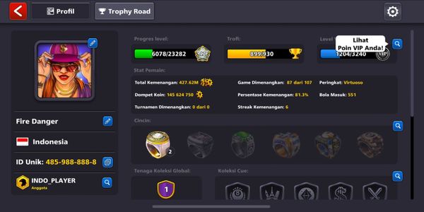 Akun ID UNIQUE 485-988-888-8 + Level 42 + Coins 145M + Cash 75