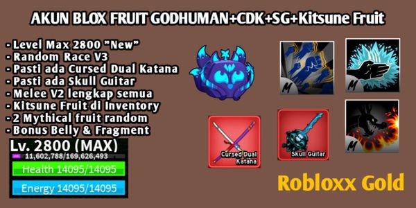 Akun Blox Fruit Godhuman+CDK+SG+Kitsune Fruit+2 Mythical Fruit Level Max
