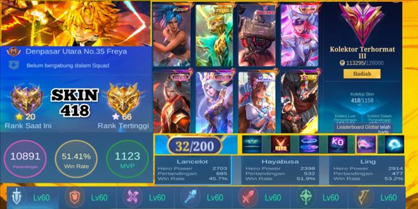 Conta MLBB Top - Muitos Heróis & Skins - Emblemas no Máximo