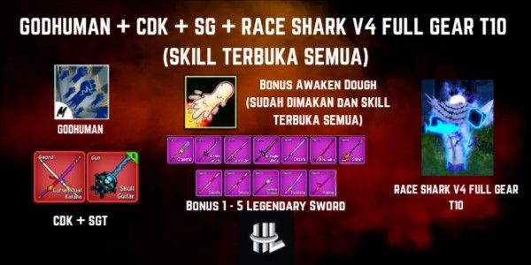 Account Blox Fruit Godhuman + CDK + SG + Razza Shark V4 Equipaggiamento Completo + Dough V2 (Dough Risvegliato)