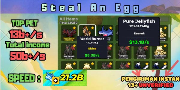 머니 수입 $50B/s | Pure Jellyfish $13B/s | 속도 21B | Steal An Egg 계정
