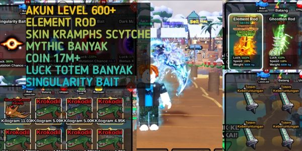 ACCOUNT LEVEL 600+ ELEMENT ROD SKIN KRAMPHS SCYTHE MYTHIC MANY COIN 17M+ LUCK TOTEM MANY SINGULARITY BAIT