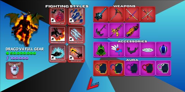 Draco V4 Tier 10 (Full Gear) | Sanguine Art | Yeti | Lv. MAX | 3 Mythical Sword | Shark Anchor | Skull Guitar | 50M+ Beli | 100K+ Fragments