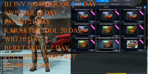 B1 INV 500+ QCQR 260 DAY+IDOL CHARACTER 20 DAY+WIG 10 DAY+SKULL2D+ARROW 21 DAY FT POINT 4 JT KD 96% HS 96% RAW DATA