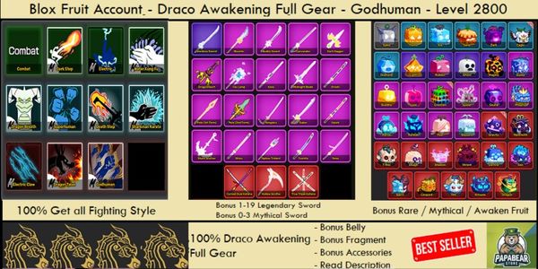 Akun Blox Fruit - Level MAX - Race DRACO V4 Full Gear - Godhuman - BONUS !!