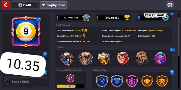 #36 SULTAN ACCOUNT Level 224 + 3.5B Coins + 2 Max Cues + 20 Legend Cues + 14 Country Cues + 1 Premium Pool Pass + VIP Diamond