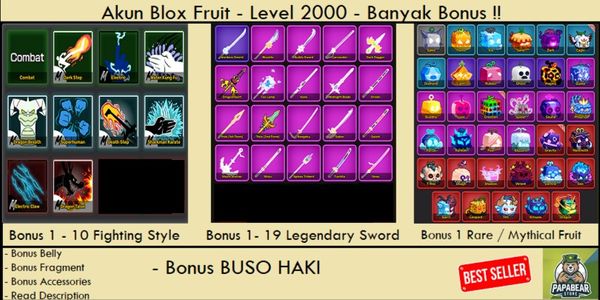 Akun Blox Fruit - Level 2000 - Banyak Bonus