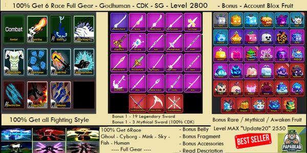 100% Get 6 Race Full Gear - Godhuman - CDK - SG - Bonus - Account Blox Fruit