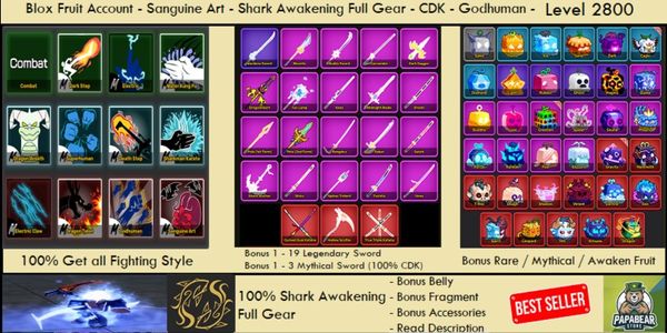 SHARK Full Gear V4 ( Awakening ) - Sanguine Art - CDK - Godhuman - Bonus - Akun Blox Fruit