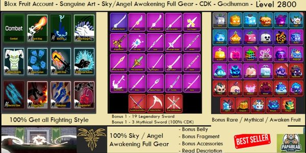 SKY ( ANGEL ) Full Gear V4 ( Awakening ) - Sanguine Art - CDK - Godhuman - Bonus - Akun Blox Fruit